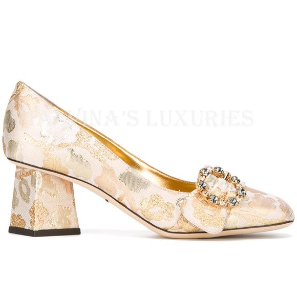 DOLCE & GABBANA SHOES GOLD FLORAL JACQUARD PUMPS CRYSTAL BUCKLE sz IT 35 US 5 - Picture 1 of 12